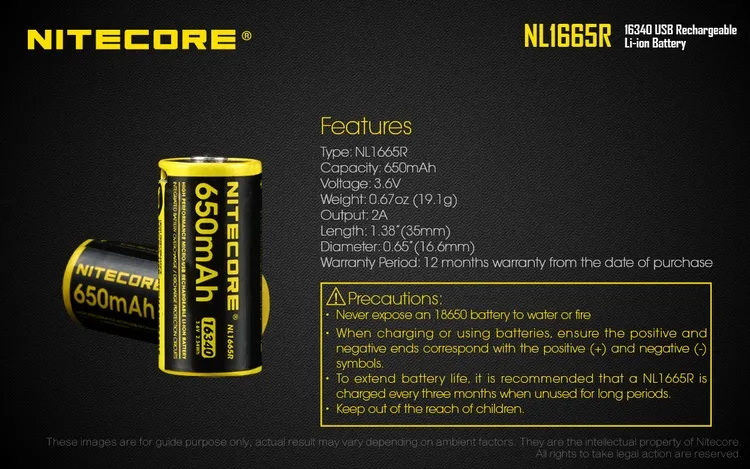 NITECORE NL1665R 650mAh 16340 CR123 встроенный микро-USB порт зарядки литий-ионный аккумулятор 3,6 V 2,34 WH высокая производительность