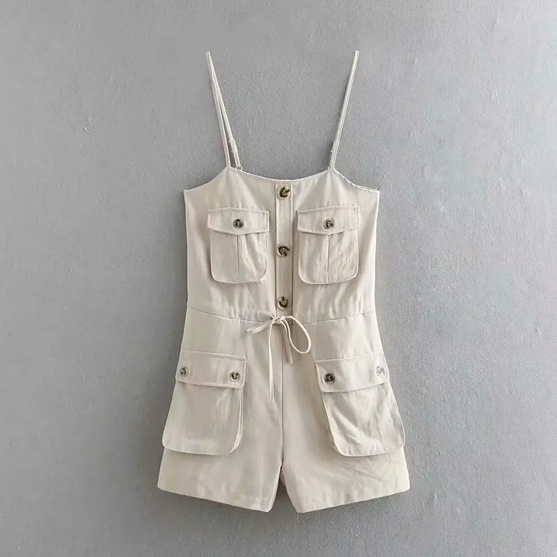 

2019 women high street pocket decoration linen sling jumpsuits ladies buttons drawstring casual slim chic rompers DS2277