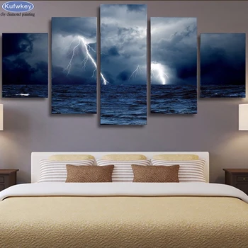 

5pcs/set diy diamond Paintings mosaic Sea Waves Storm Lightning Ocean cross stitch wall sticker 3d diamond embroidery scenery