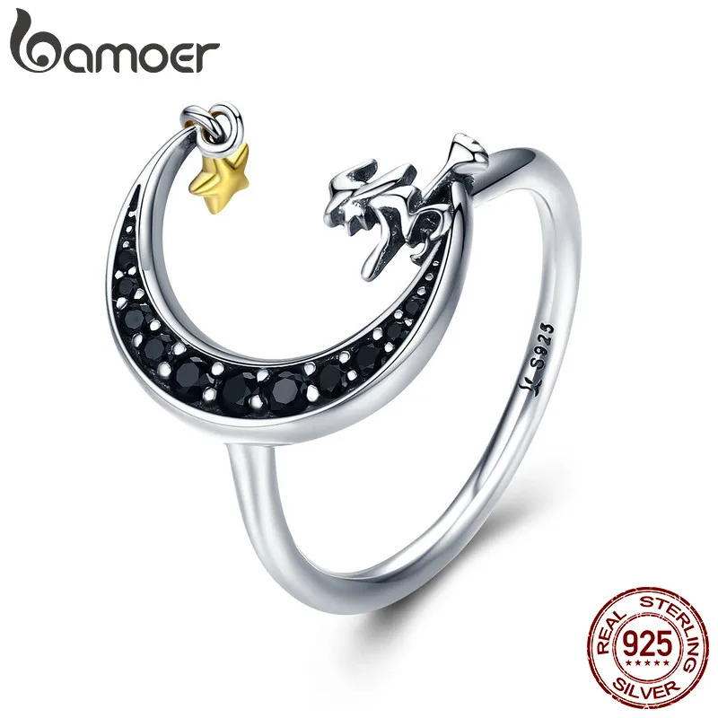 

BAMOER 100% 925 Sterling Silver Magic Witch in Moon Star Black CZ Dangle Finger Ring for Women Sterling Silver Jewelry SCR288