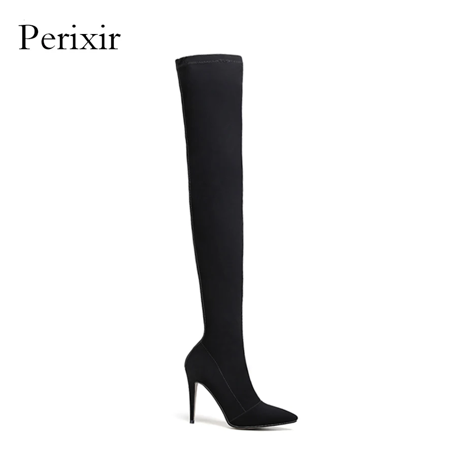 

Perixir women's over knee boots lycra solid fashion pointed toe zipper stretch fabric high heel ladies knee high boots 35-41