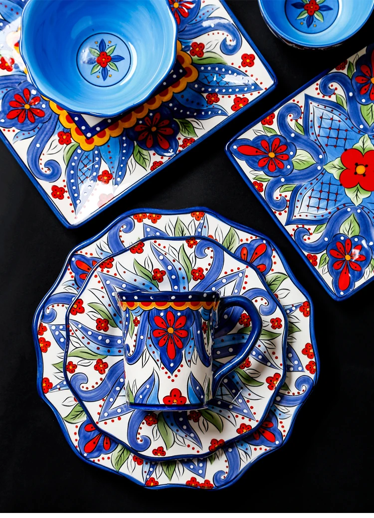Европейский синий узор набор керамической посуды Ручная роспись большая Квадратная тарелка западное блюдо для стейков круглые тарелки Салат чаша кружка