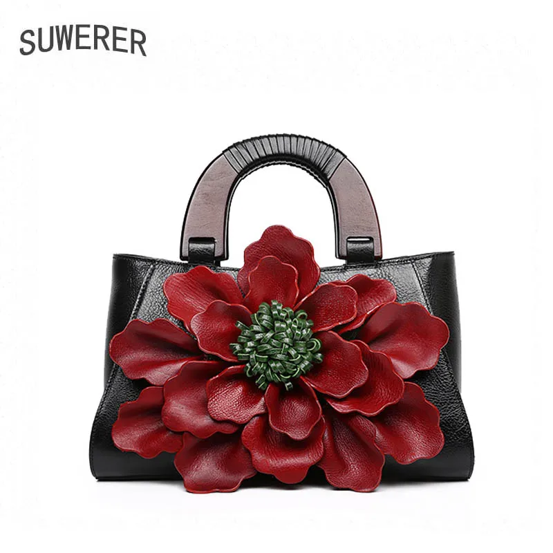 

SUWERER women leather handbag Superior cowhide Luxury Flower bags tote women Genuine Leather bags women famous brand