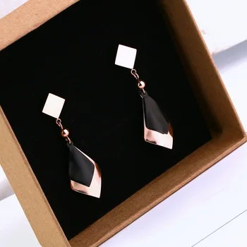 

YUN RUO Brand Rose Gold Color Geometric Tassel Stud Earring for Woman Girl 316 L Stainless Steel Fashion Jewelry Never Fade