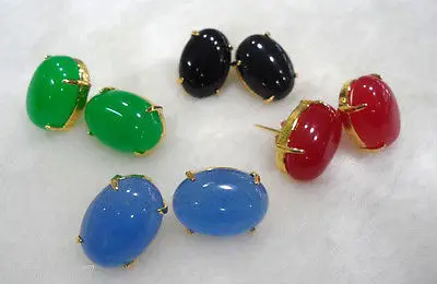 

FREE SHIPPINGWholesale 4 pairs lady's fine black agate/ blue/red/green jade stud earring