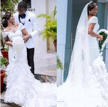 

Pleat Ruffles Tassel Mermaid Wedding Dress Cap Sleeve 2019 New African Court Train White Elegant Bride Dress Wedding Gown W0403