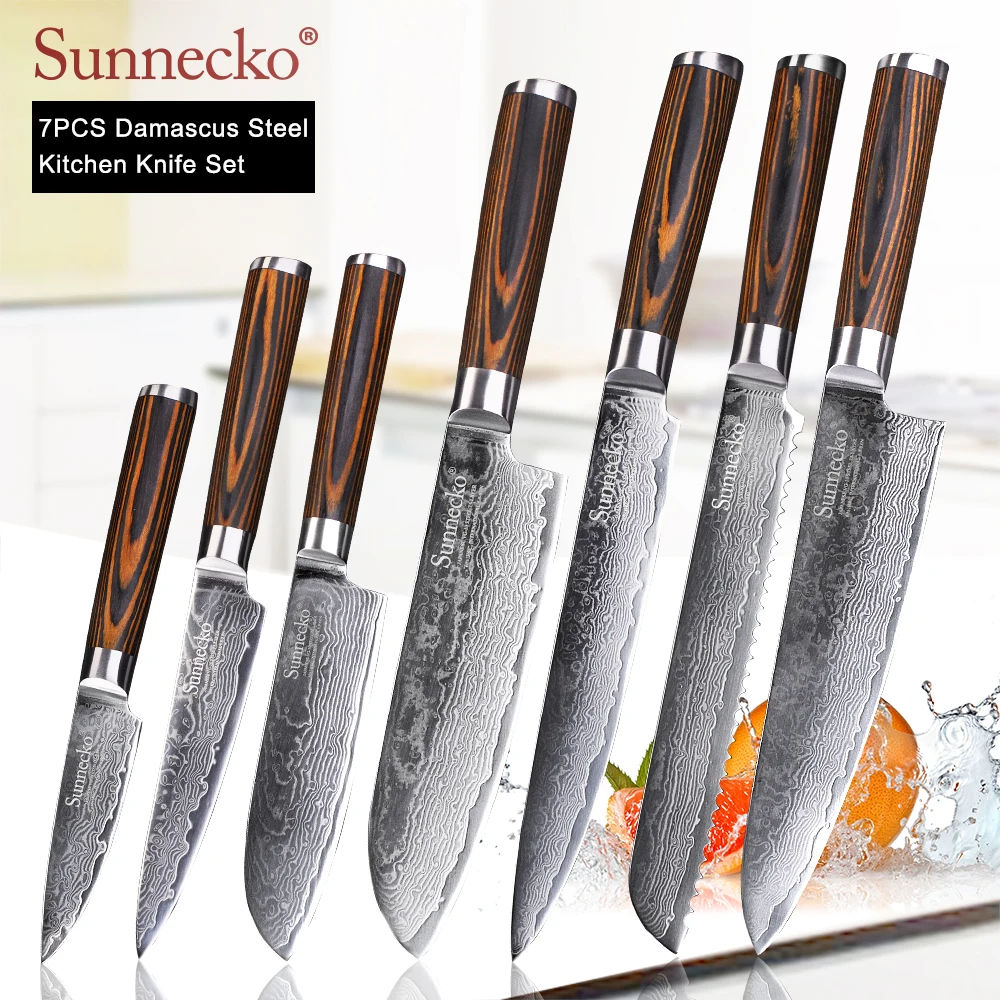 

SUNNECKO Damascus Chef Kitchen Knives Set Paring Slicing Utility Bread Santoku Damascus Steel Japanese VG10 Blade Wood Handle