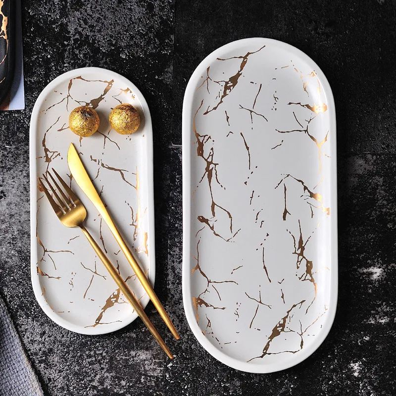 US $25.39 European Style Marble Plates Ceramic Dinner Dish Gold Inlay Porcelain Dessert Jewelry Plate Steak Salad Cake Plates Tableware