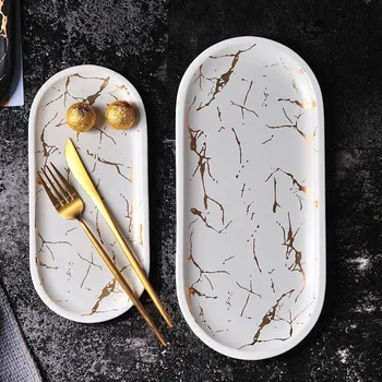 

European Style Marble Plates Ceramic Dinner Dish Gold Inlay Porcelain Dessert Jewelry Plate Steak Salad Cake Plates Tableware