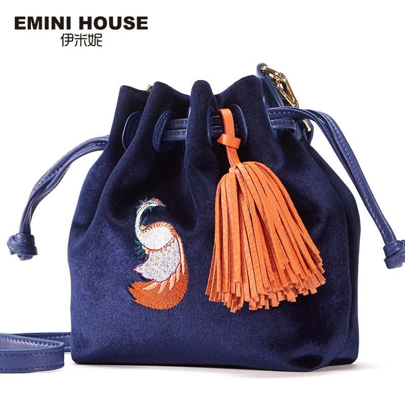 EMINI HOUSE Genuine Leather Bucket Bag Drawing Women Messenger Bags Embroidery Tassel Fashion Crossbody Bags For Women EMINI HOUSE Genuine Leather Bucket Bag Drawing Women Messenger Bags Embroidery Tassel Fashion Crossbody Bags For Women