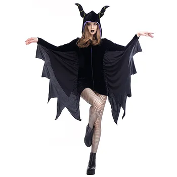 

Woman Sleeping Beauty Superhero Bat Woman Halloween Cosplay Costumes Cosplay Costumes Black Batwing-Sleeved Dress Ox Horn Set
