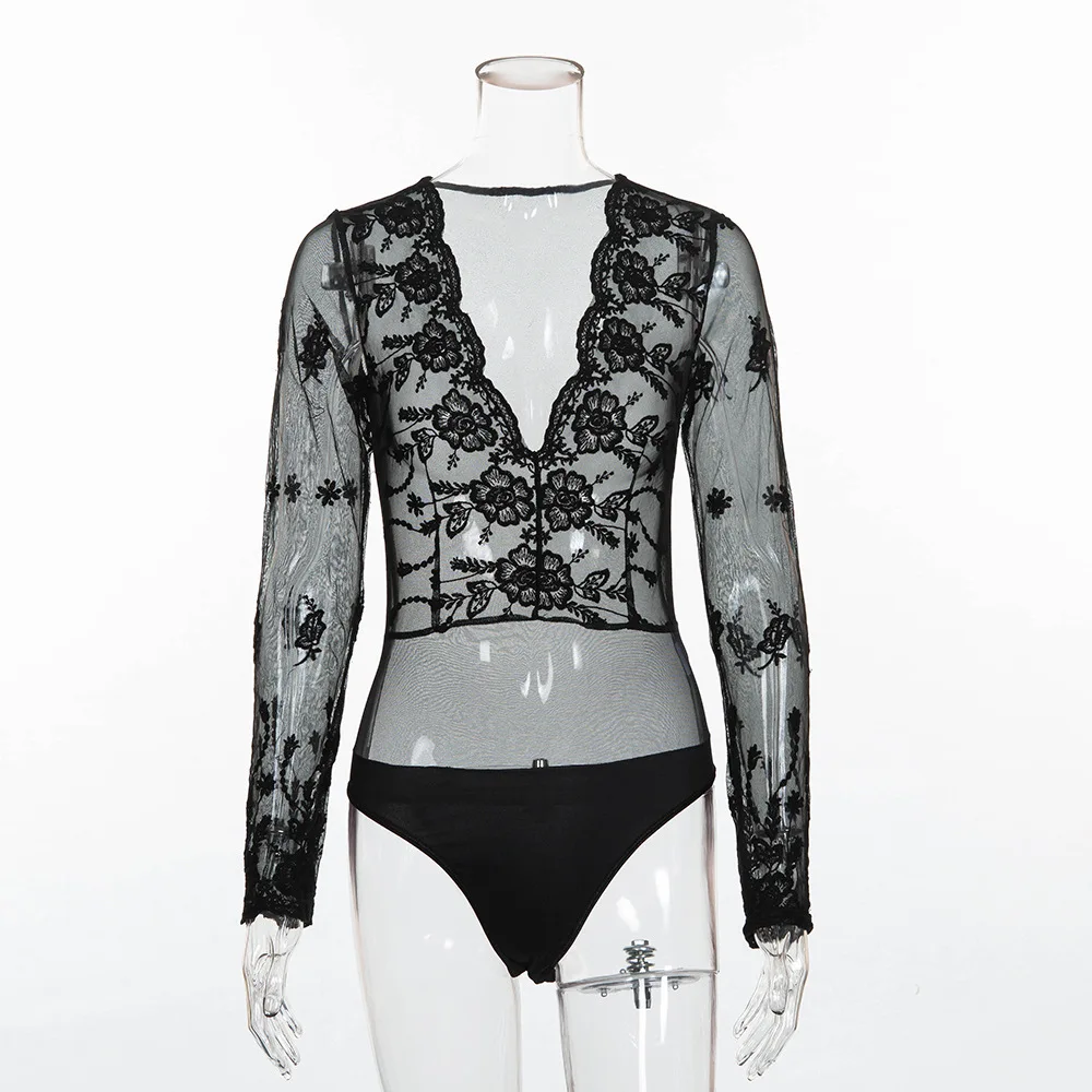 Cryptographic hot mesh transparent lace long sleeve bodysuit sexy jumpsuit womens romper 2018 embroidery floral deep V bodysuits Cryptographic hot mesh transparent lace long sleeve bodysuit sexy jumpsuit womens romper 2018 embroidery floral deep V bodysuits