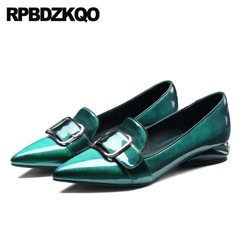 Chunky Big Size Metal Celebrity 4 34 Genuine Leather Patent Pointed Toe Green Crossdresser Ladies Low Heels Shoes 2018 Luxury