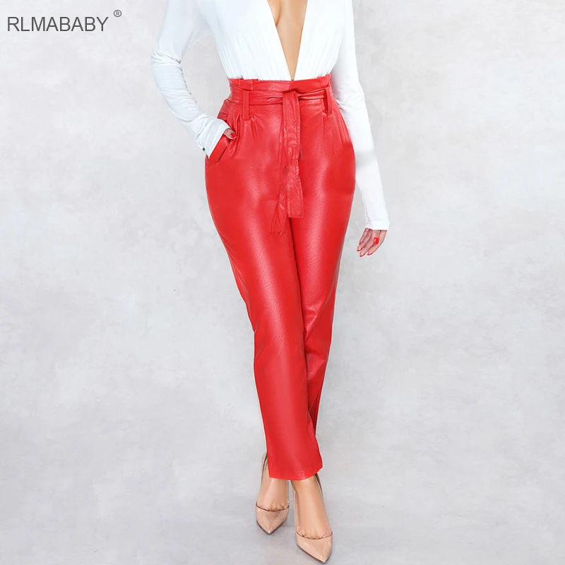

RLMABABY 2019 Spring Bandage Bow PU Leather Pants Slim High Waist Pants Casual Streetwear Sashes Trousers Women Pencil Pants