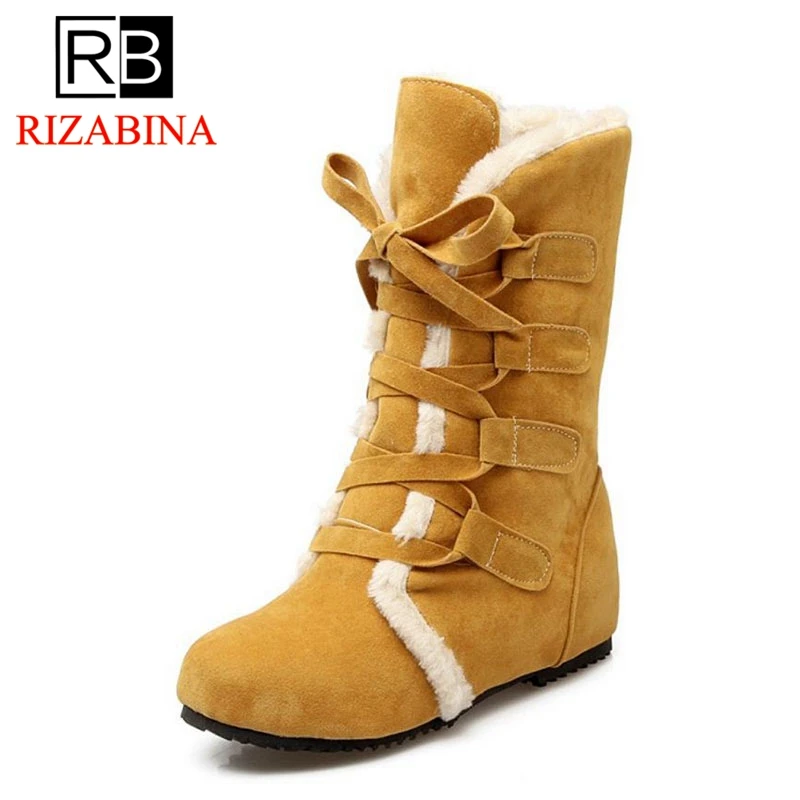

RizaBina Size 30-52 Women Warm Winter Boots Mid Calf Lace Up Ladies Shoes Round Toe Plush Fur Botas Wedge Snow Footwear