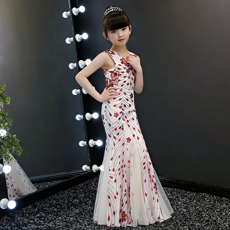 

2018 New Trumpet Birthday Princess Dress V-neck Flower Girl Dresses Girls Party Gown for Wedding Kids Long Tutu Princess Dress
