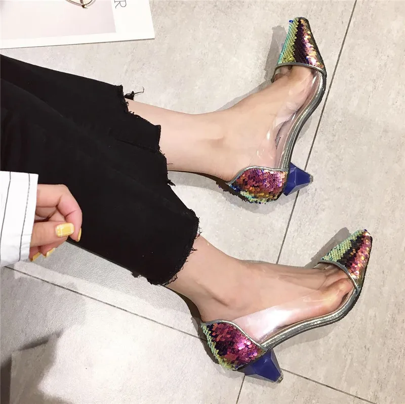 

Womens Sequins Bling High Spike Heels Clear Transparent Pointed Toe Pumps Shoes Party Sexy Low Top A213