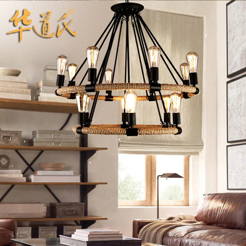 American country industrial retro Hemp rope chandelier cafe restaurant bar lamp E27 110-240V