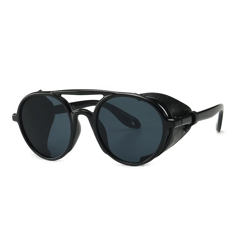 

2019 Cool Fashion Punk Punk Style Round Sunglasses Leather Side Shield Brand Design Sun Glasses with box FML