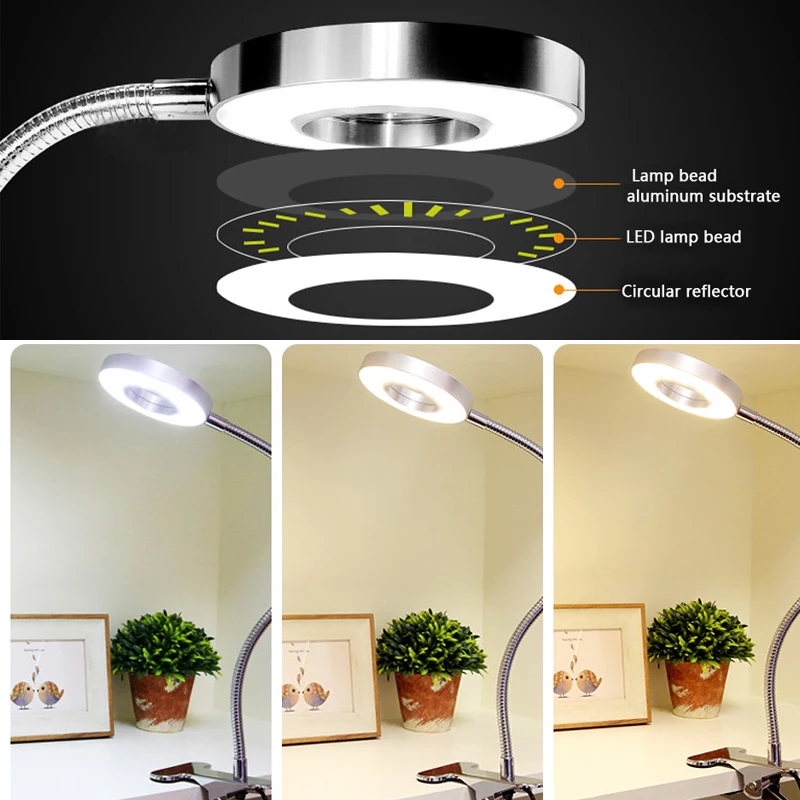  LED Desk Lamp with Clip 5W Flexible LED Reading Book Bedside Lamp office table light US/EU plug Col