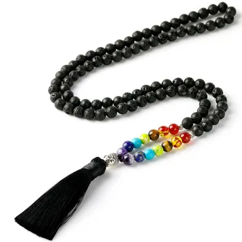 

Buddha Yoga Necklace Black Rock Lava Beaded Jewelry Black Tassel Charm Necklaces Women Men 7 Charka Jewelry for Unisex Gift