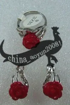 

Exquisite Red coral flower Woman's jewelry Earring Ring 4.30