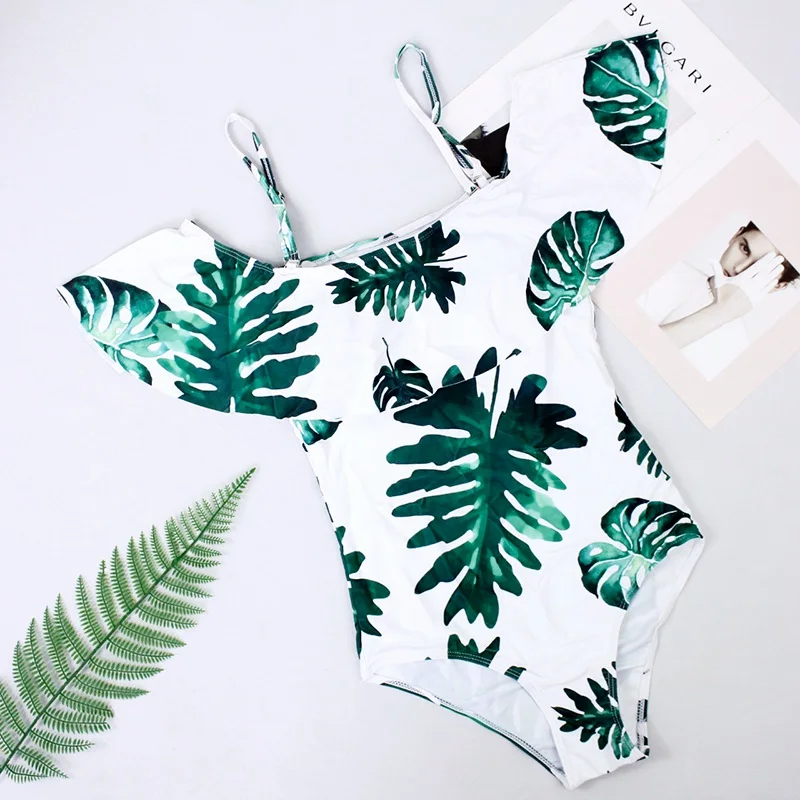 

Hot sale print ruffle decolletage swimsuit off shoulder one piece swimwear female multi designs swimming suit for women Y0010