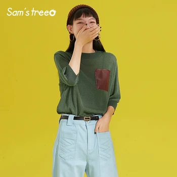 

Samstree Half Sleeve Leather Pockets Patchwork Korean Style Women Sweater 2019 Autumn Knitted Top Casual Loose Female Sweaters
