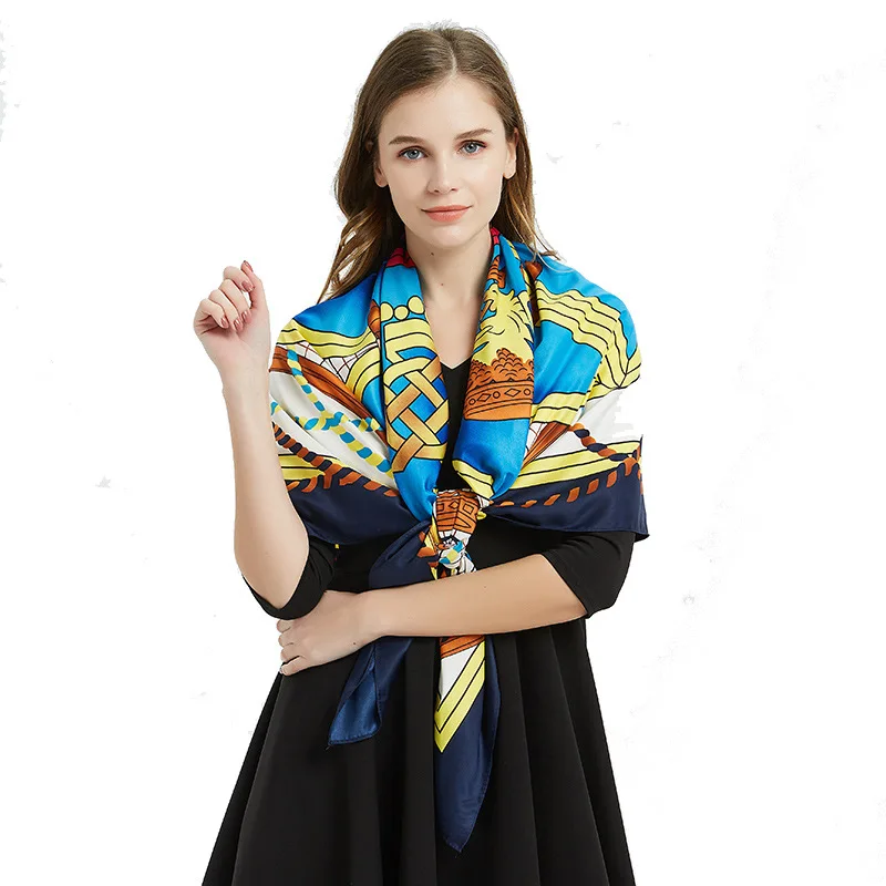 

Luxury Shawl Twill Silk Scarf For Women Neckerchief Print Big Hijab Scarfs 130*130cm Square Shawls Wraps Scarves For Ladies 2019