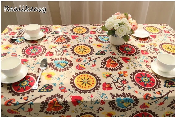 

Popular Bohemia Boho Floral Table Cloth Lace Edge Linen And Cotton Table Cloth High Quality Cotton & Linen Table Cloth LFB119