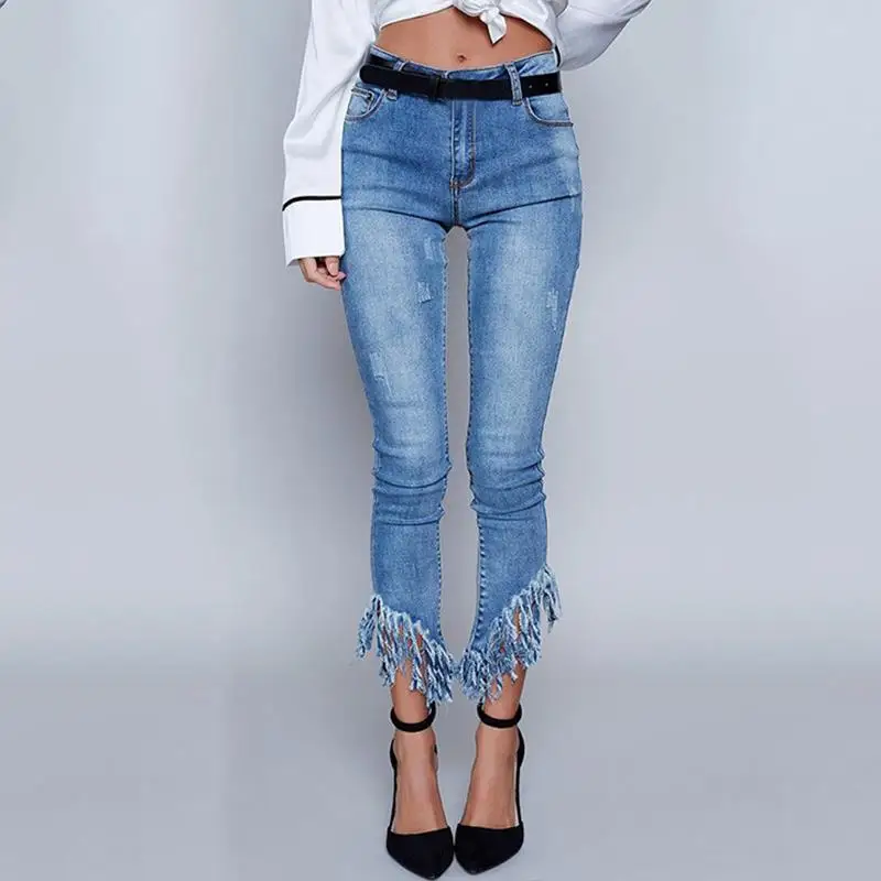 Plus Size Women Ankle Length Blue Jeans High Waist Stretch