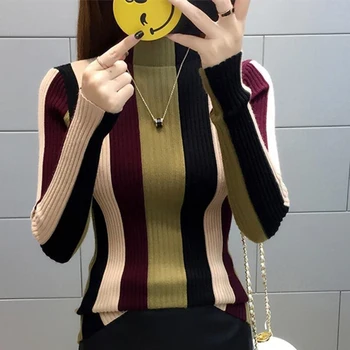 

Female Sweater 2020 New Autumn Winter tops Fashion Half Turtleneck Striped Slim Elasticity Short knitted sweater Pullover Women