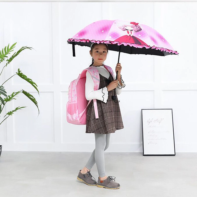 Korea cute princess children umbrella male and female primary school female folding umbrella black plastic sunscreen cartoon rain dual-use umbrella4