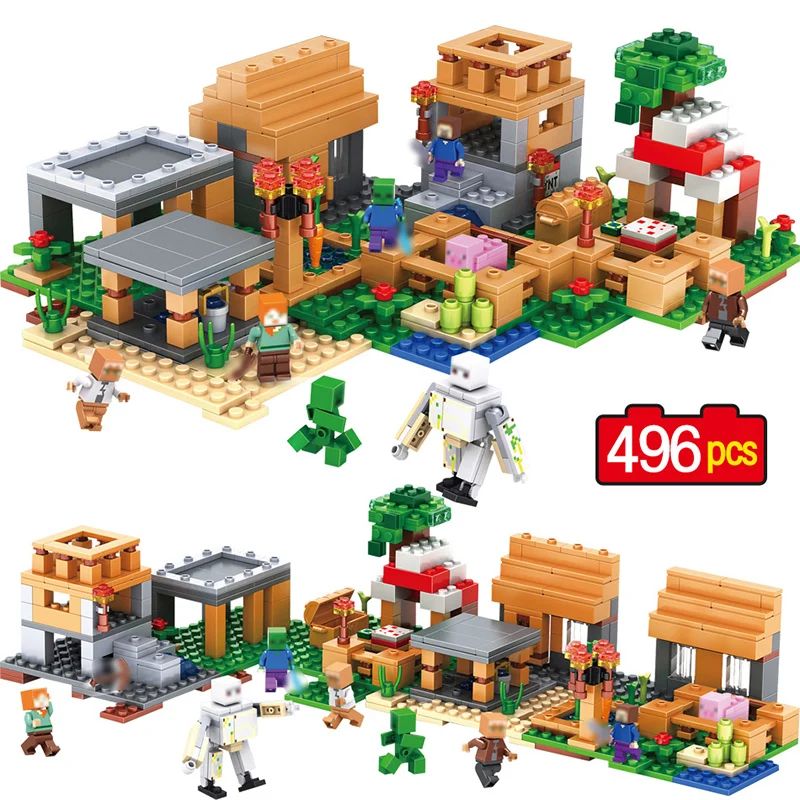 

New My World Village Building Blocks Compatible Legoingly Minecrafted Steve Figures DIY Bricks Educational Toys For Children