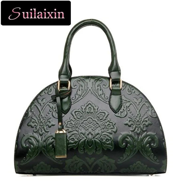 

2017 New Flowers Embossed Chinese Style Vintage Fashion Women Shell Bag Leather Women Handbag Ladies Shoulder Bag Female