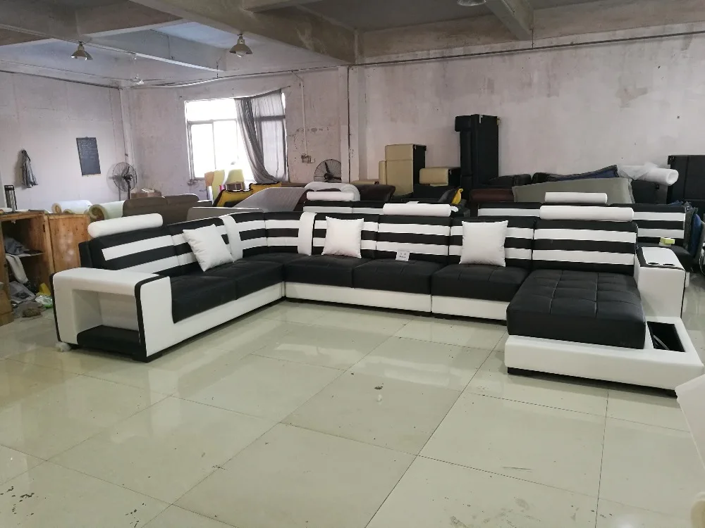 2018 Real Genuine Leather Modern Sectional Sofa with coffee table U Shaped Living Room Furniture Sofa