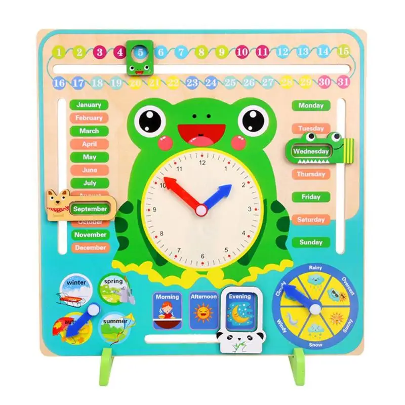

Wooden Cartoon Frog Calendar Clock Set Children Wood Calendar Time Cognitive Matching Toys Kids Early Learning Education Toys