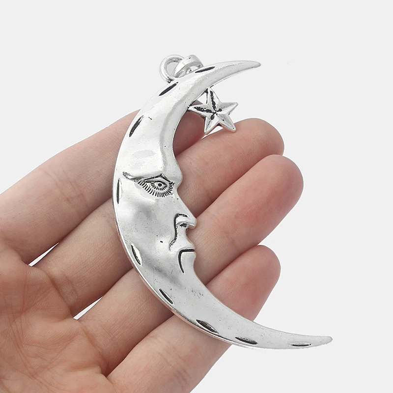 

5pcs Antique Silver Large Man in the Crescent Moon Face & Star Charms Pendants Jewelry Findings 84mm Long