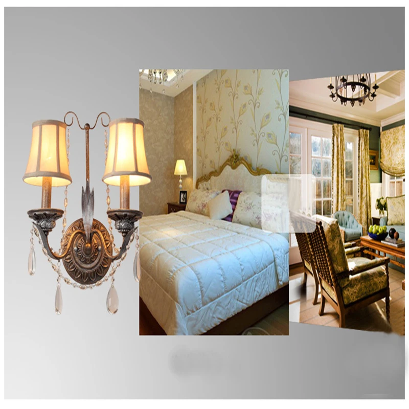 Candles K9 Crystal Wrought Iron Wall Lamps Vintage Creative Simple Art Deco Wall Lamp Bedroom