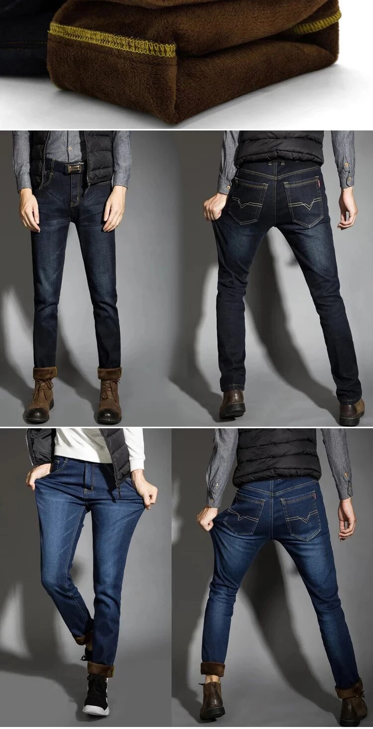 Осенние и зимние джинсы мужские флисовые утолщенные теплые брюки для отдыха эластичные с высокой талией свободные прямые зимние мужские брюки