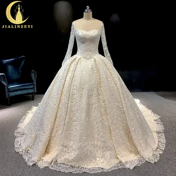 شراءJIALINZEYI صورة حقيقية طويلة الأكمام الفاخرة أزياء من الدانتل التطريز فساتين الزفاف ثوب زفاف 2020