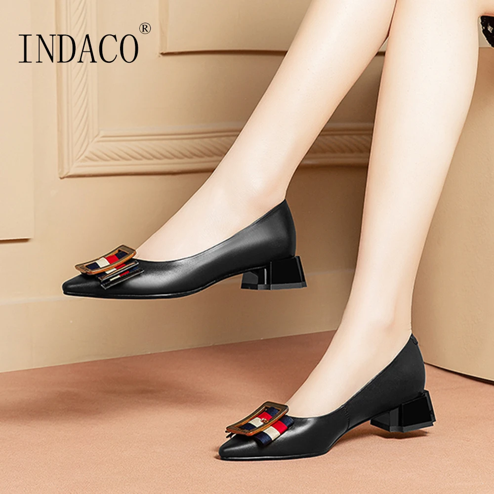 

Shoes Women Pumps Women Shoes High Heel Pointed Toe Leather Ladies Black Mid Heel Metal Buckle Work Shoes