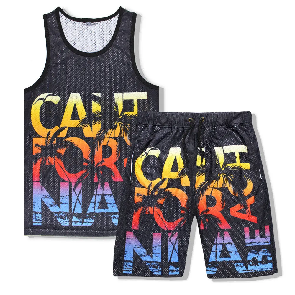 

Men Summer Fashion Tank Top Set 3D Print California Beach 2Pcs Mesh Vest Tracksuit Sets Casual Fitness Top Shorts M-XXL