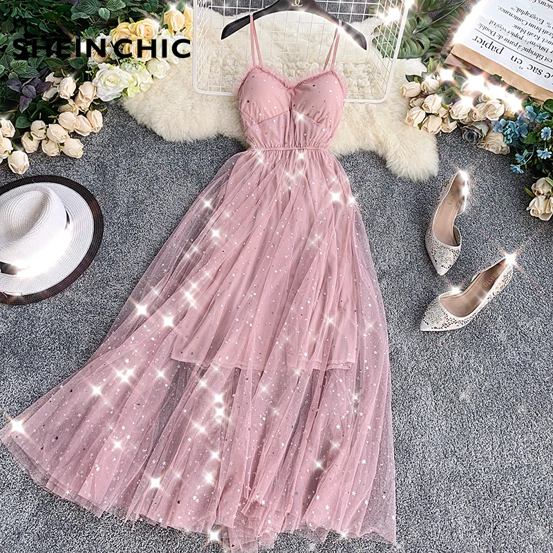 

Summer Runway 2019 Women Sweet Dress Sexy Spaghetti Strap Pink Black Long Dress Elegant Sequined Shining Fairy Verano Vestidos