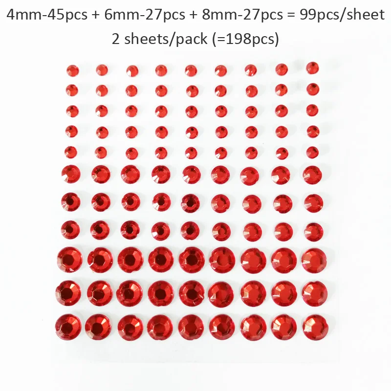 (2 sheets) 198pcs Round 4mm 6mm 8mm Acrylic Rhinestone Gem Stickers Self Adhesive Sticky Crystal Diamantes DIY Embellishments