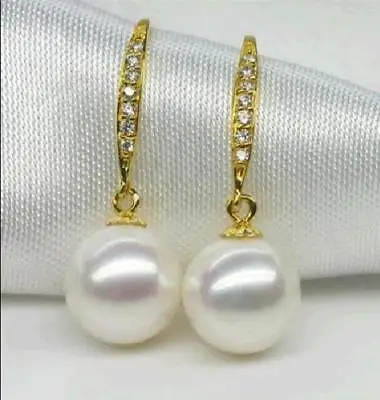 

hot a pair of natural AAA 10-11MM south sea white pearl earring yellow hook @