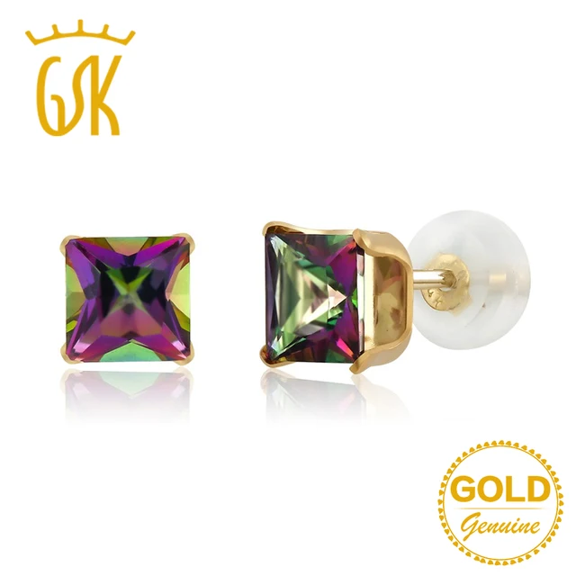 Gemstoneking 1 80 Ct 5mm Princess Mystic Green Natural Topaz Gemstoneking 1 80 Ct 5mm Princess Mystic Green Natural Topaz Earrings Solid 14k Yellow Gold Stud