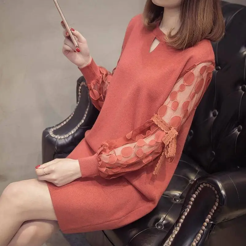 Весенне-осенние женские пуловеры женское платье-свитер повседневное кружевное платье с круглым вырезом и рукавами-фонариками, однотонное трикотажное платье H04 - Цвет: Красный