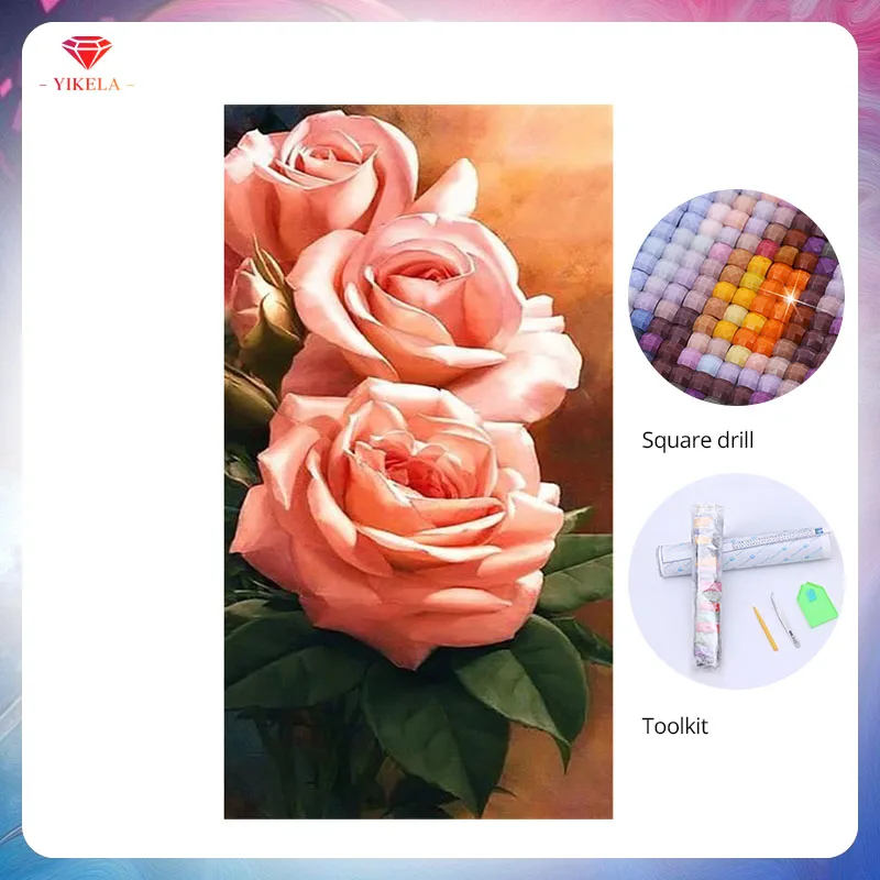 

YIKELA 5D Full Square Diamond Embroidery Cross Stitch Pink Roses Flowers Diamond Painting Home Decoration Accessories Stickers