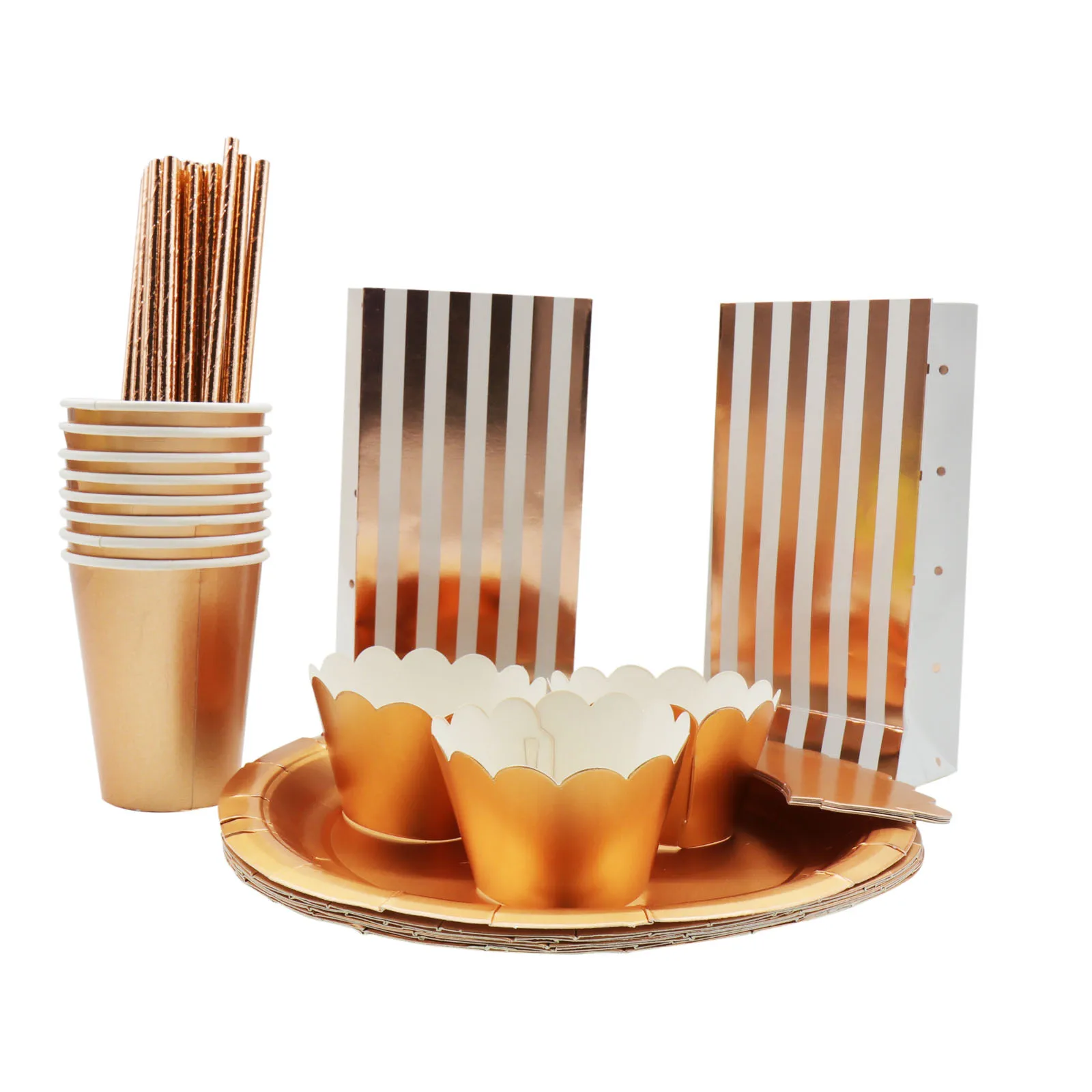 8Pcs/Set Rose Gold Paper Disposable Tableware Christmas Birthday Party